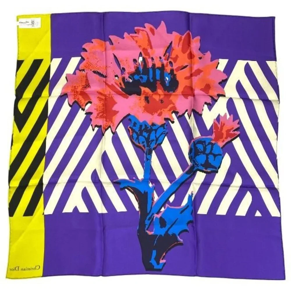 Christian Dior Small Accessories Scarf Large Size D-flower Pop Flower Logo Silk